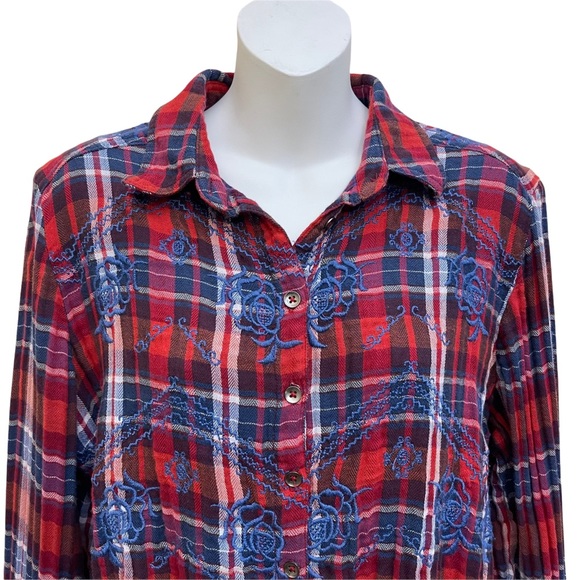 Free People Magical Plaid Shirt Red and Blue Embroidered Button Down Blouse S - Picture 9 of 14